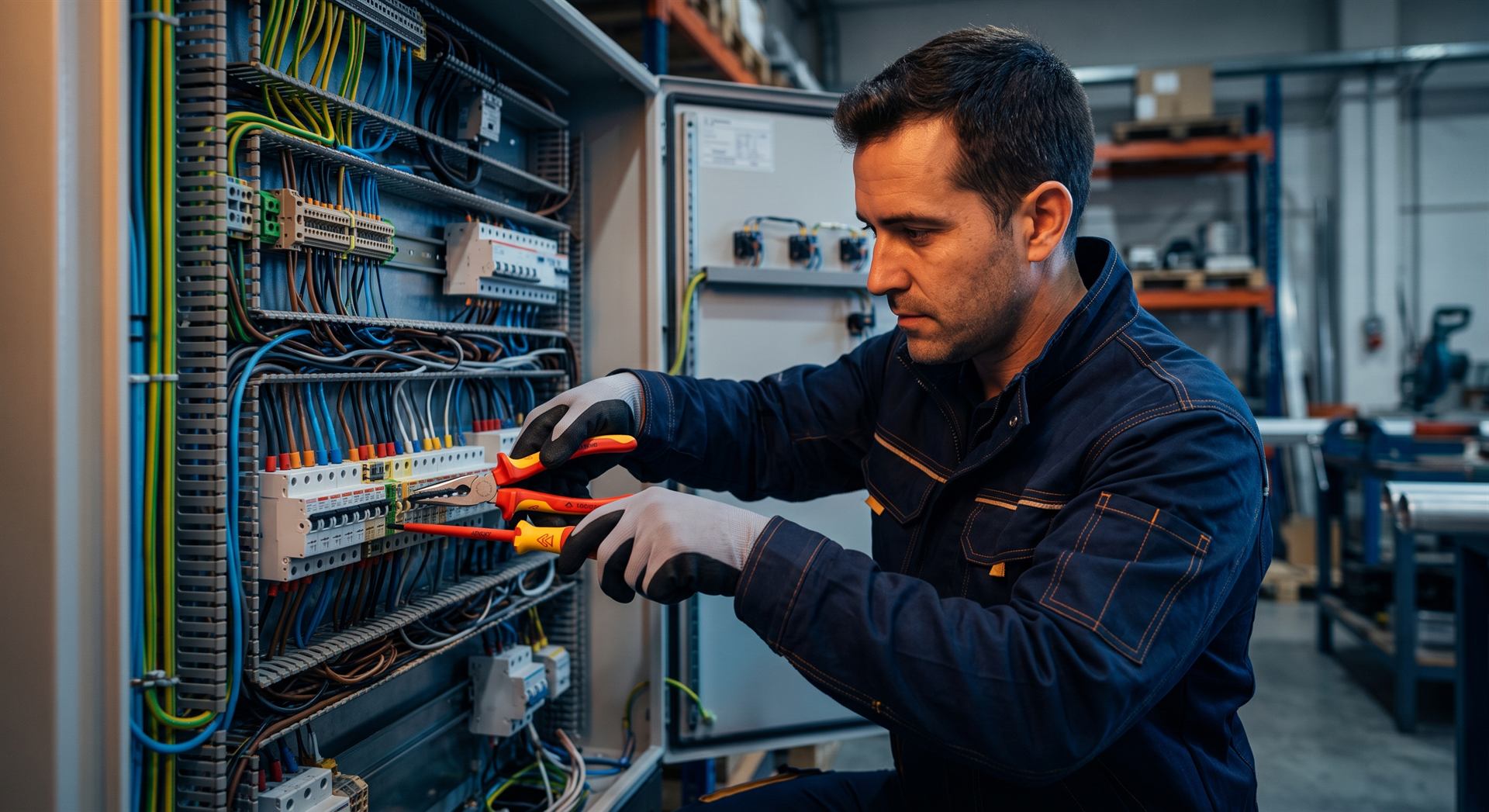 Electricista de TecnoVolt trabajando en un cuadro eléctrico